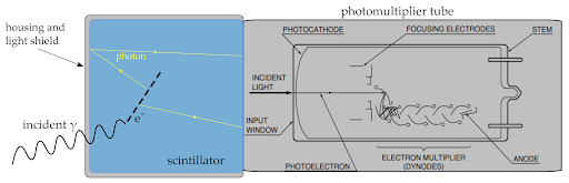 Esquema básico de detector centelleador junto a tubo fotomultiplicador.